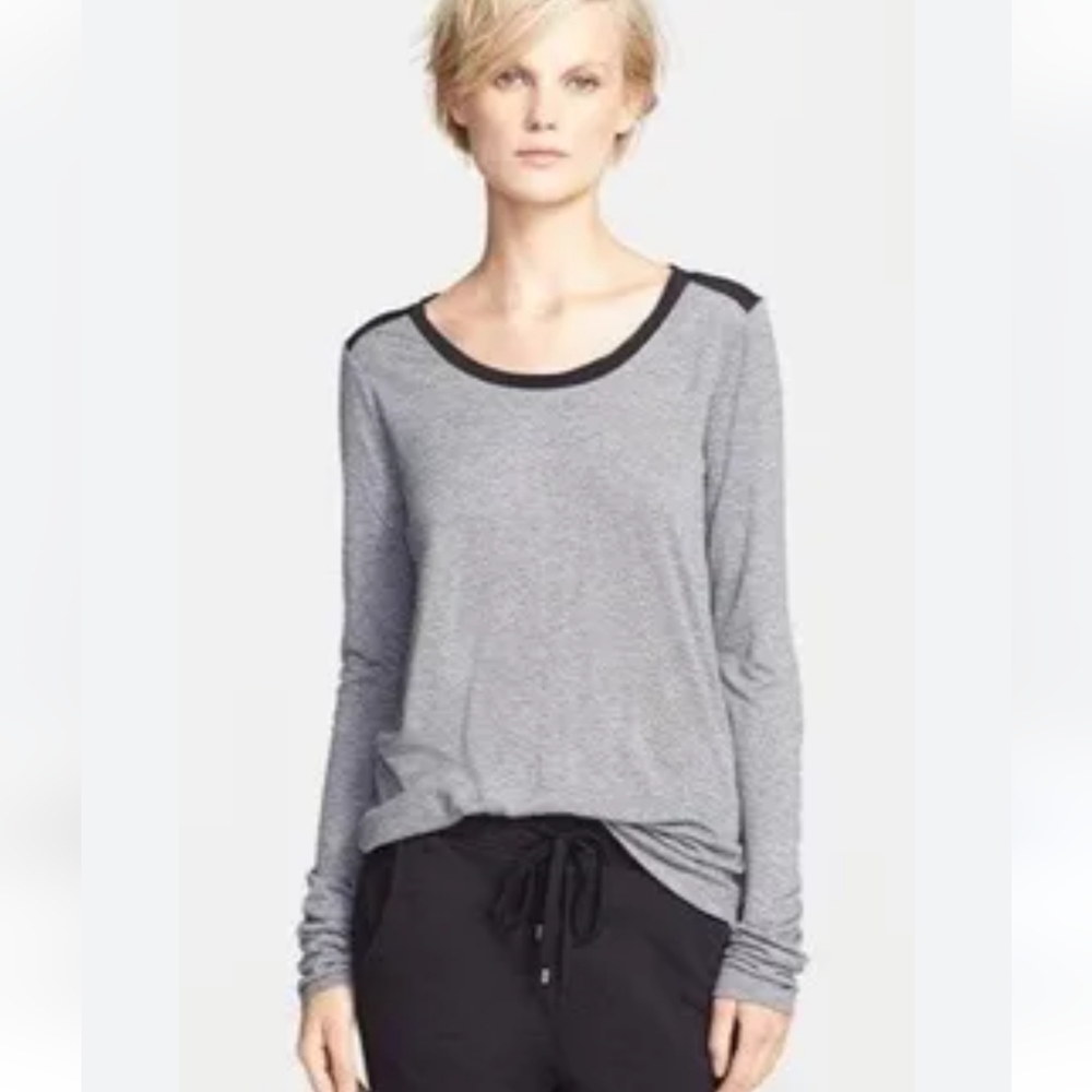 Vince crewneck long sleeve top. Gray with 100% silk black trim size L